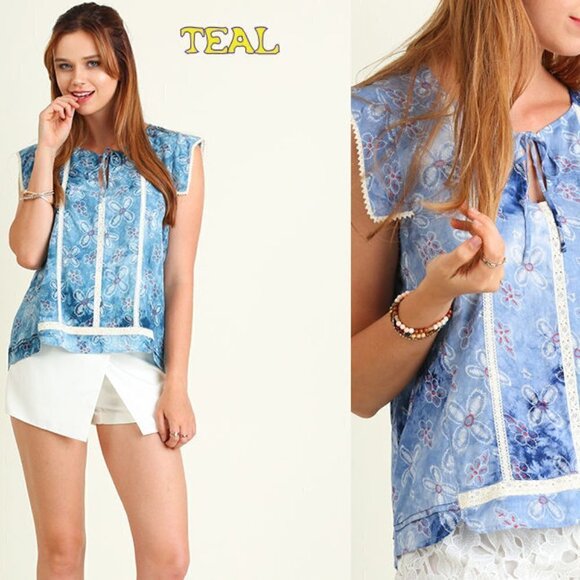 UMGEE  Ladies Tie Dye Keyhole Top with Lace Trim a Tops - UMGEE  Ladies Tie Dye Keyhole Top with Lace Trim and Floral Print  NWT